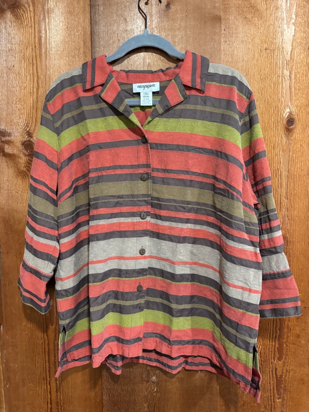 VTG 90s 100% Silk Noil Easy Spirit Button Down Shirt 2X Striped Raw Smooth Silk